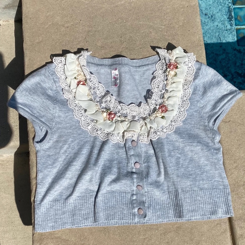 Gray Lace Trimmed Women's Top